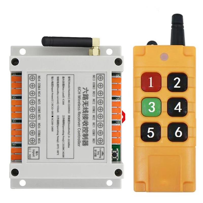 

433 МГц 2000 м DC 12 В 24 В 36 В 6 каналов 6 каналов RF Беспроводная система дистанционного управления 6 каналов 10 А Релейный приемник +6 кнопочный передатчик
