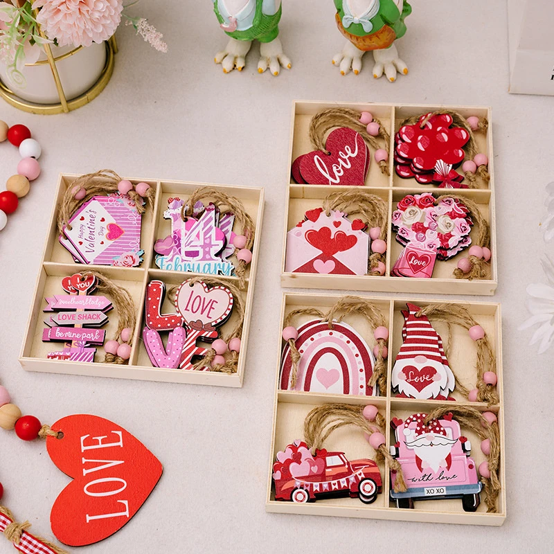 12 PC วาเลนไทน์แขวนไม้ตกแต่งวันหยุดรักดอกไม้วาเลนไทน์เครื่องประดับวันวาเลนไทน์ตกแต่ง Love ซองจดหมายจี้