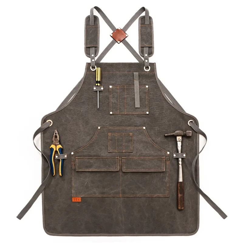 

New Durable Goods Heavy Duty Unisex Canvas Work Apron with Tool Pockets Cross-Back Straps Adjustable For Woodworking Painting