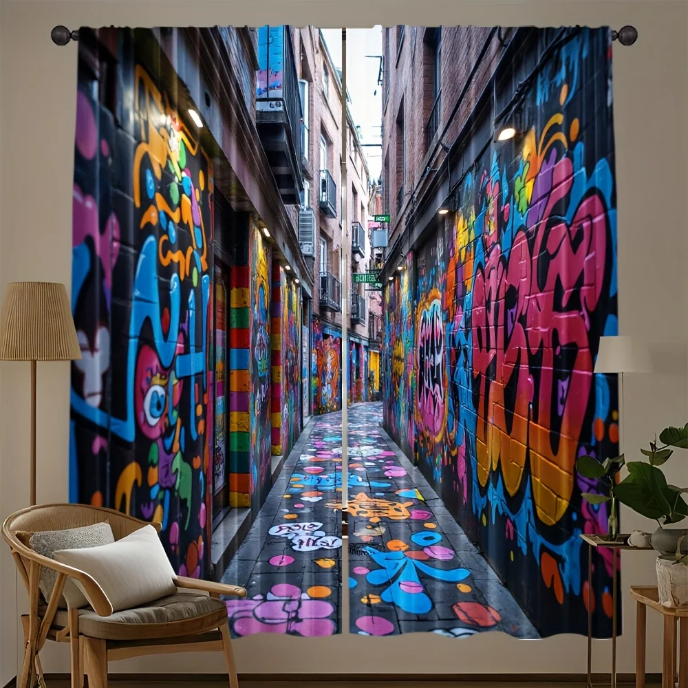 2 Panels Graffiti Street Art Rod Pocket Curtains Modern Hip Hop Print for Bedroom Living Room Outdoor Home Decor Drapes
