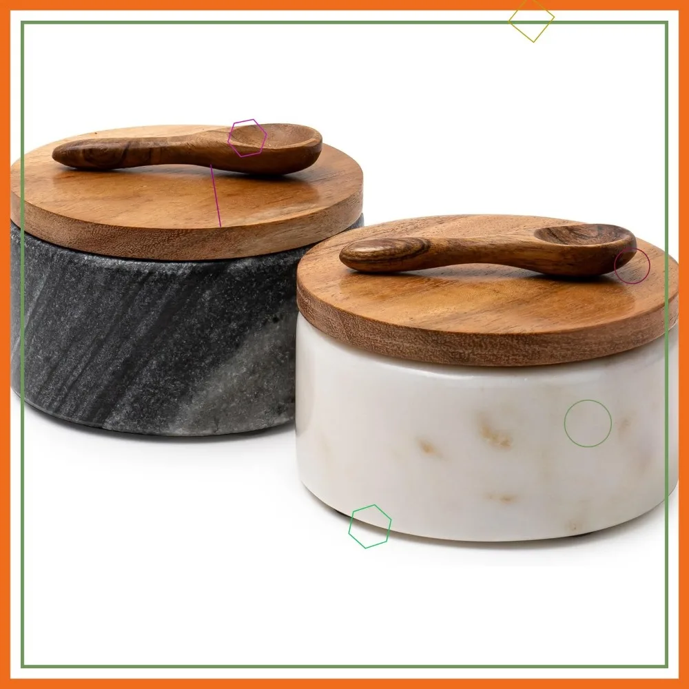 

Handcrafted Marble Salt & Pepper Bowls Set of 2 with Lids and Spoons - Elegant Kitchen Countertop Containers