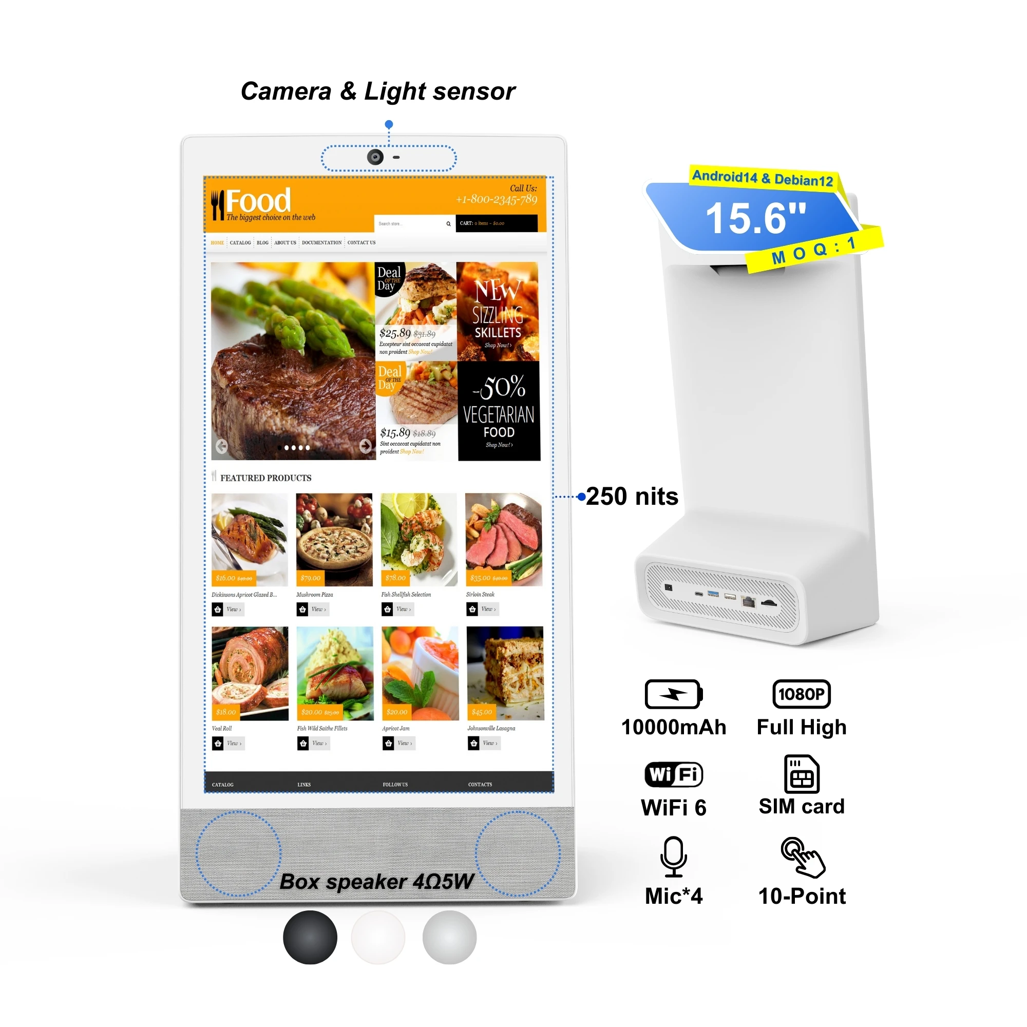 15.6 Inch Digital Menu Display Desktop Kiosk Touch Screen Android 14 4+64Gb With Battery Digital Menu Boards For Restaurant
