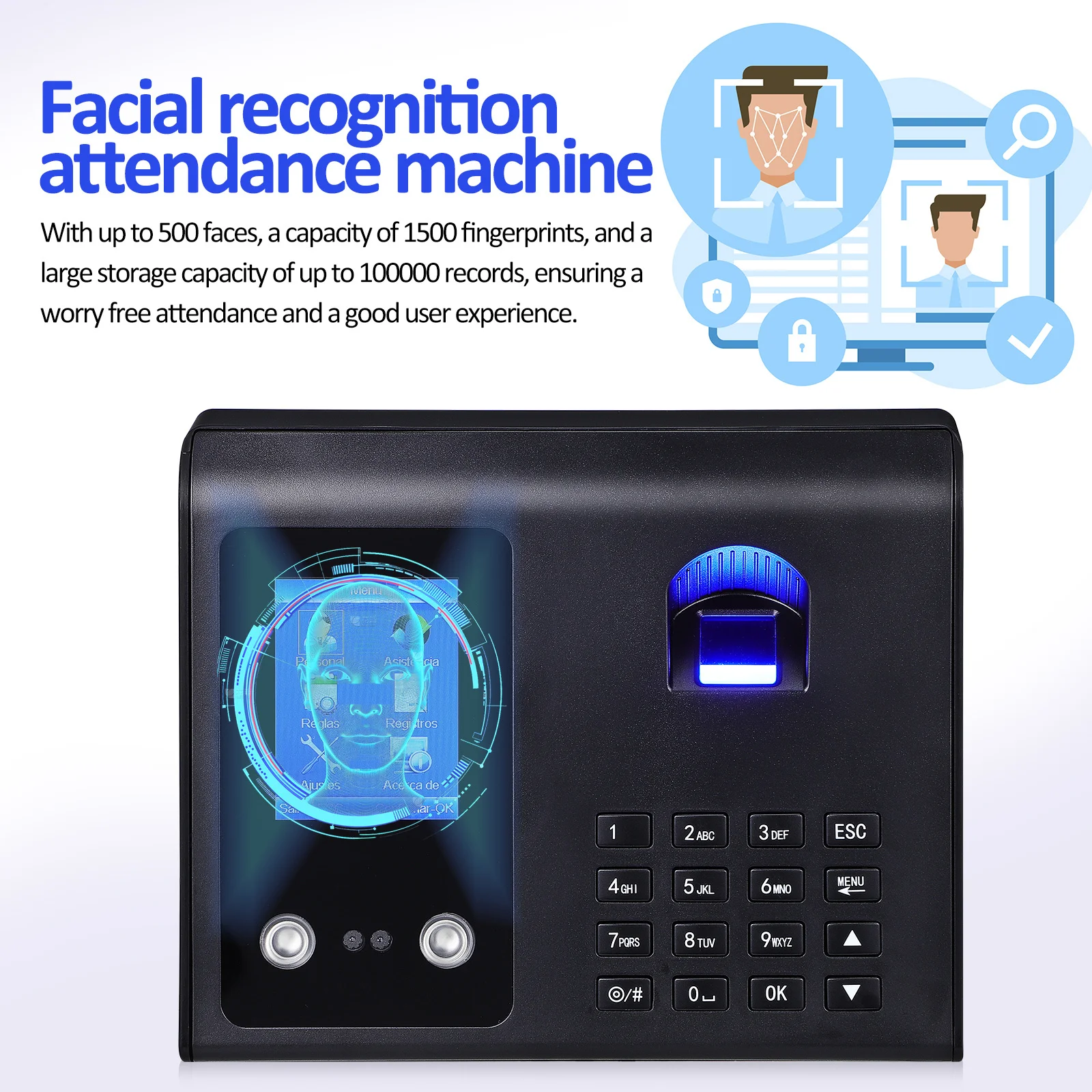 1pc Attendance Machine Face Recognition Fingerprint Reader Time Clock Employee Attendance Recorder Access Control Device For