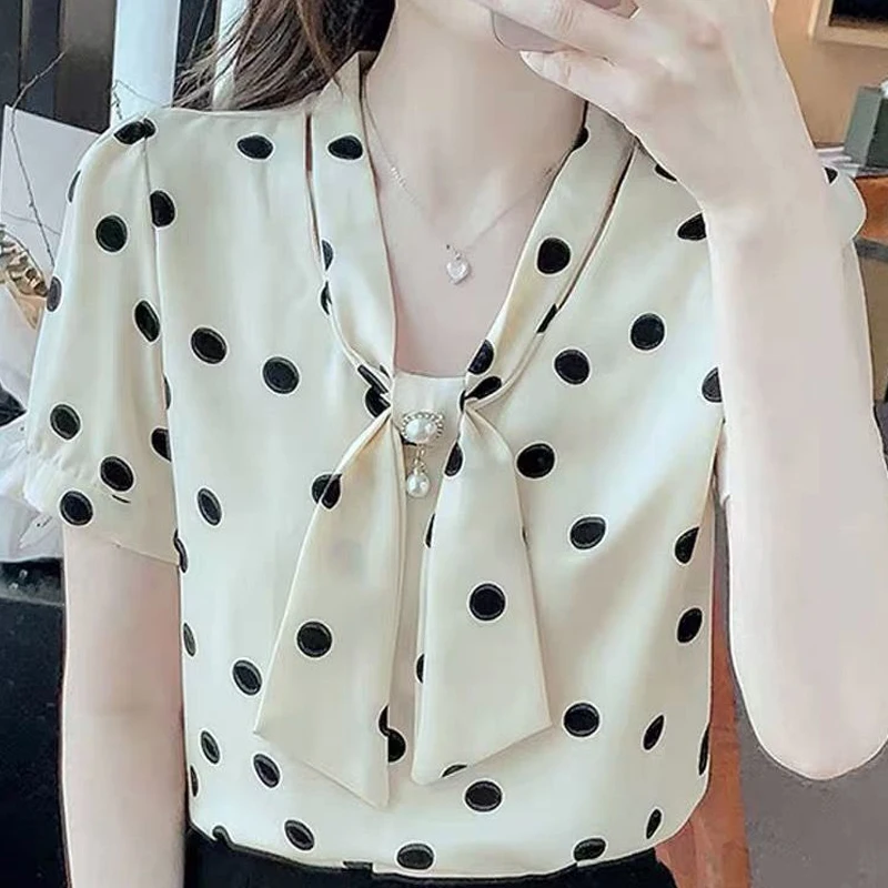 Summer New Temperament Short Sleeve Printing Shirt Tops Bow Patchwork Loose Plus Size Blouse Vintage Fashion Women Clothing