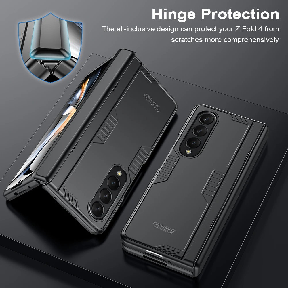 Shockproof Rugged Armor Case For Samsung Galaxy Z Fold 4 Hinge Protection Case with Hidden Kickstand Built-in Screen Protector