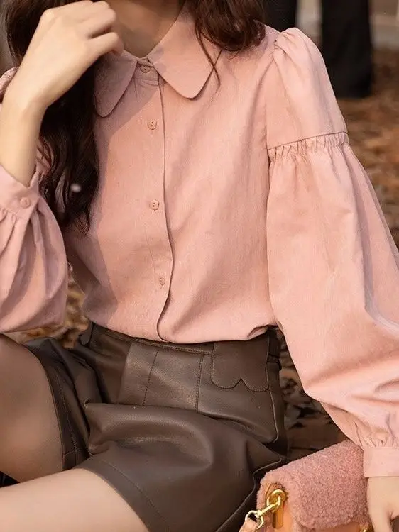 

Весенне-осенняя женская блузка с рукавами-фонариками в корейском стиле, приталенная, с кружевной отделкой, розовая, во французском стиле, без рукавов