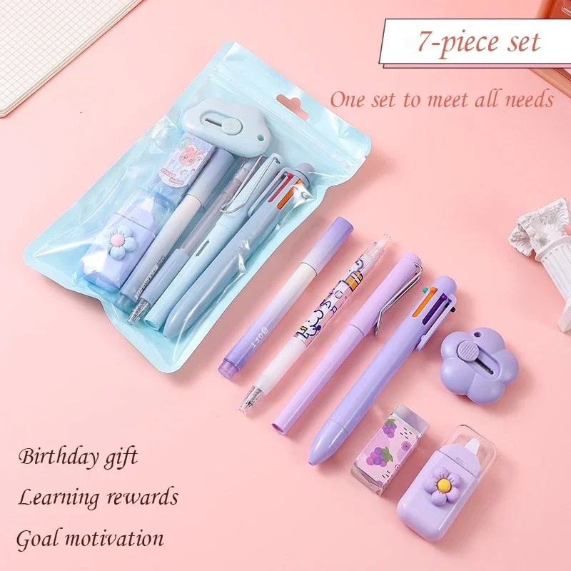 7Pcs Set Kawaii Student Stationery Sweet Cartoon Cat Paw Correction Tape Glue Tape Eraser Gel Pen Cutter Back to School Gift