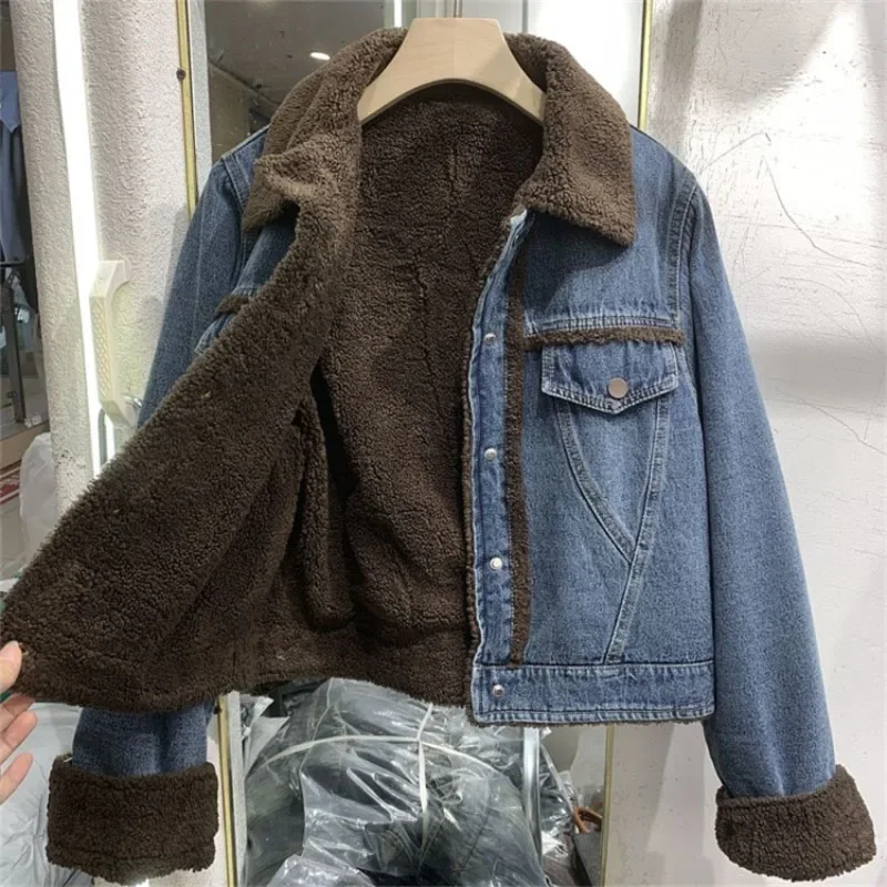 Thickened Denim Winter Coat Cotton Padded Jacket Women Clothes  Style Age-reducing Tweed Pattern Jackets Fashionable