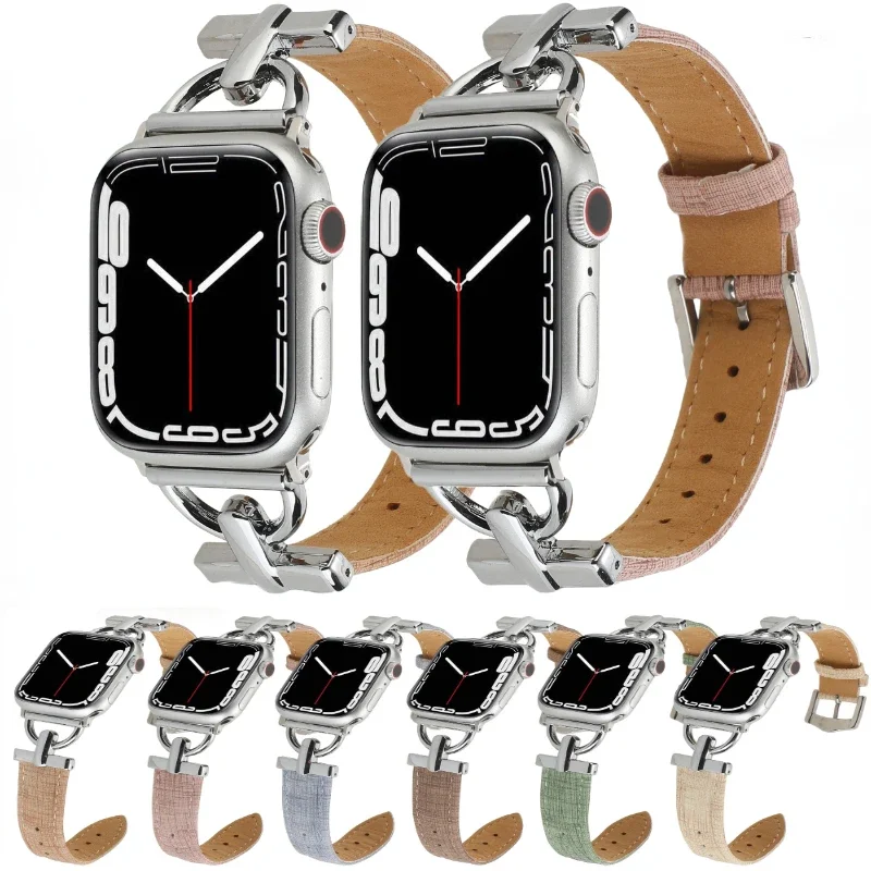 Leather+Metal Strap for Apple Watch Ultra 49mm 10 9 8 7 46mm 45mm 41mm Tree Pattern Bracelet Wristband 6 5 4 3 SE 44mm 42mm 40mm
