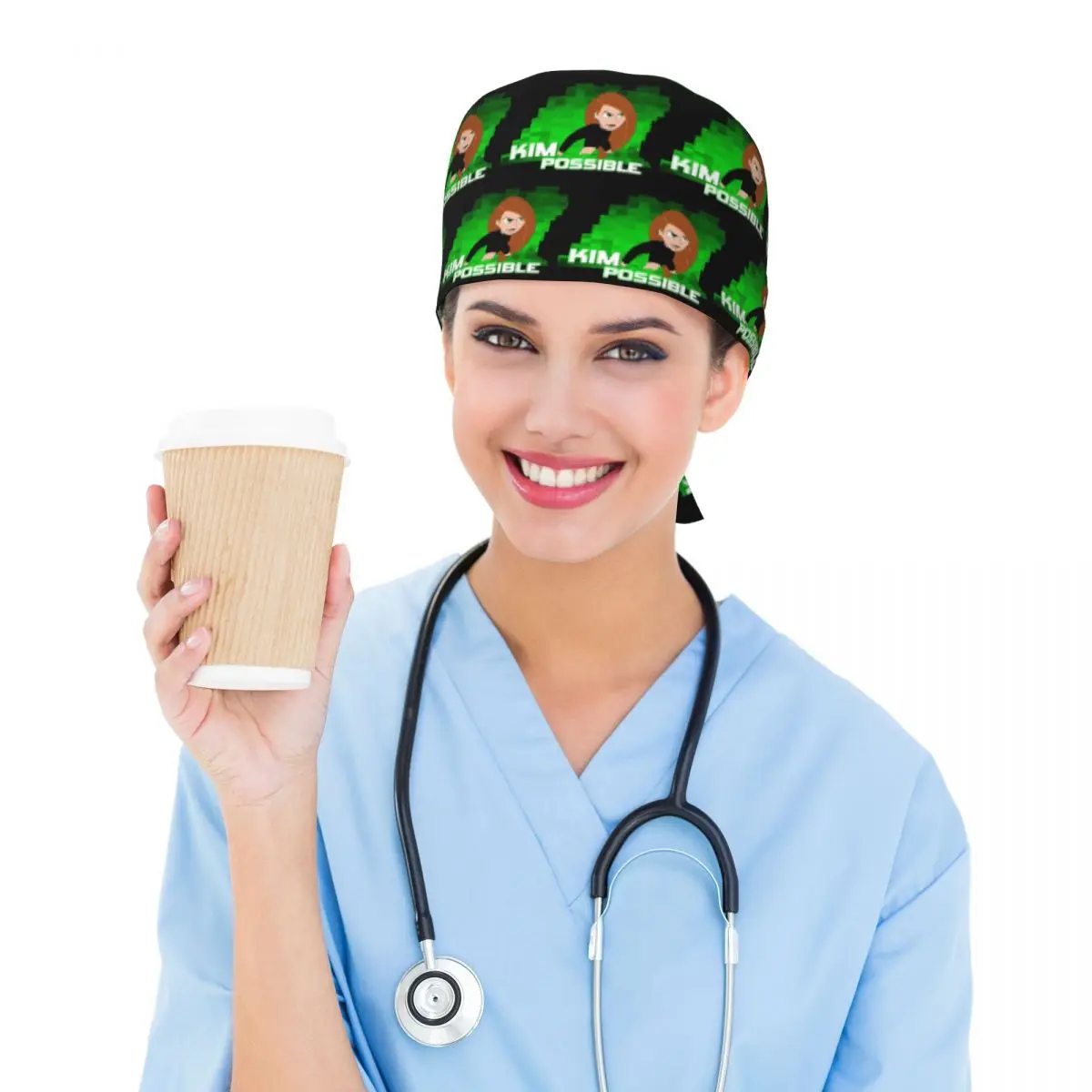 Kim Possible Anime Green Light Scrub Hat Doctor Working Surgical Cap Men Women Adjustable Nursing Caps for Dentist