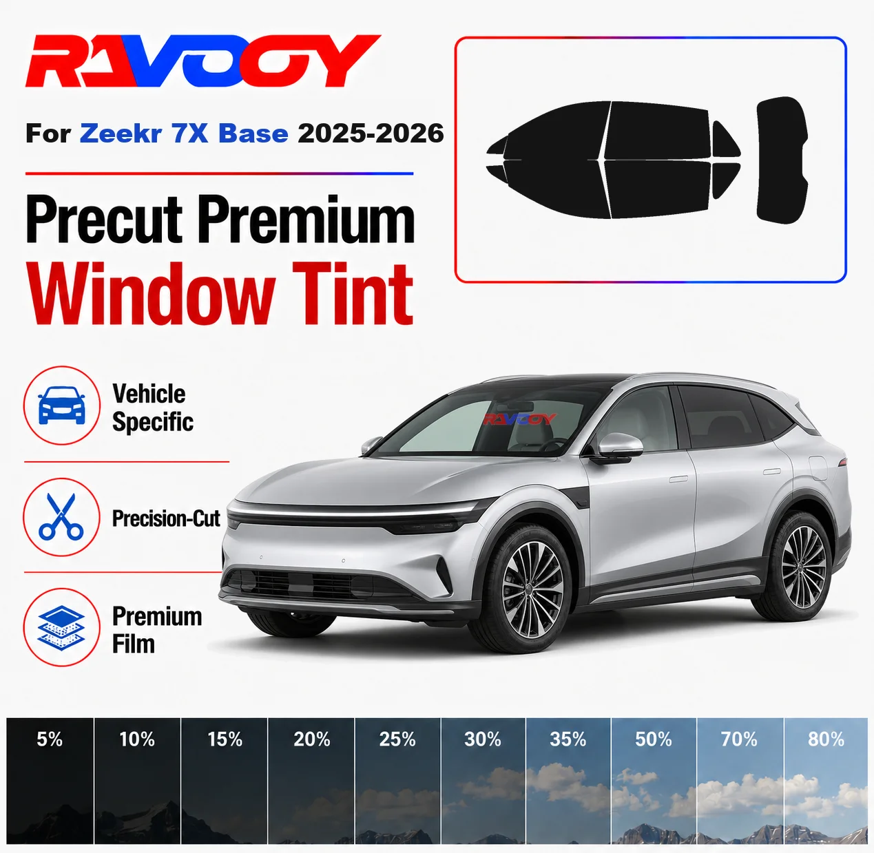 Premium Precut Window Tint Kit Front Rear Windows Rear Windshield For Zeekr 7X Base 2025-2026 Complete Set Nano Ceramic Film