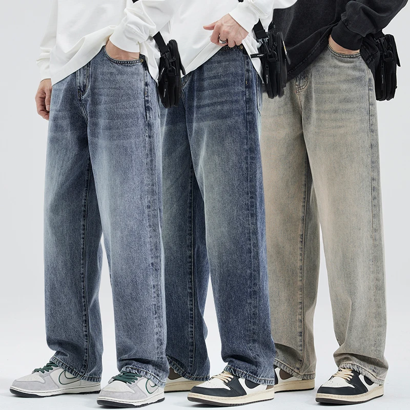 

2025 Spring Summer Men's Loose Wide Leg Jeans Trendy Versatile Washed Denim Pants Casual Streetwear Long Trousers Male