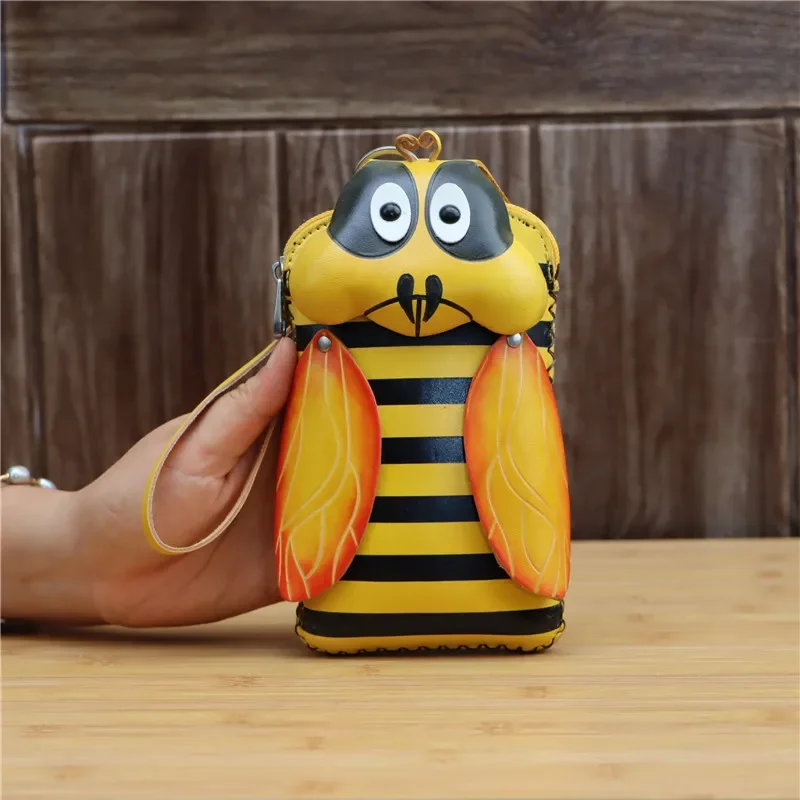 Leather cartoon little bee shoulder messenger bag mobile phone bag cute animal hand carry cosmetic bag bee wallet