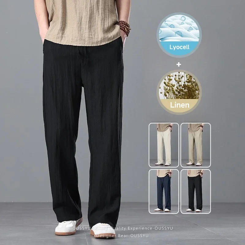

Brand Clothing Men's Breathable Linen Lyocell Casual Pants Summer Thin Baggy Wide Leg Trousers Drawstring Pants Men Plus Size