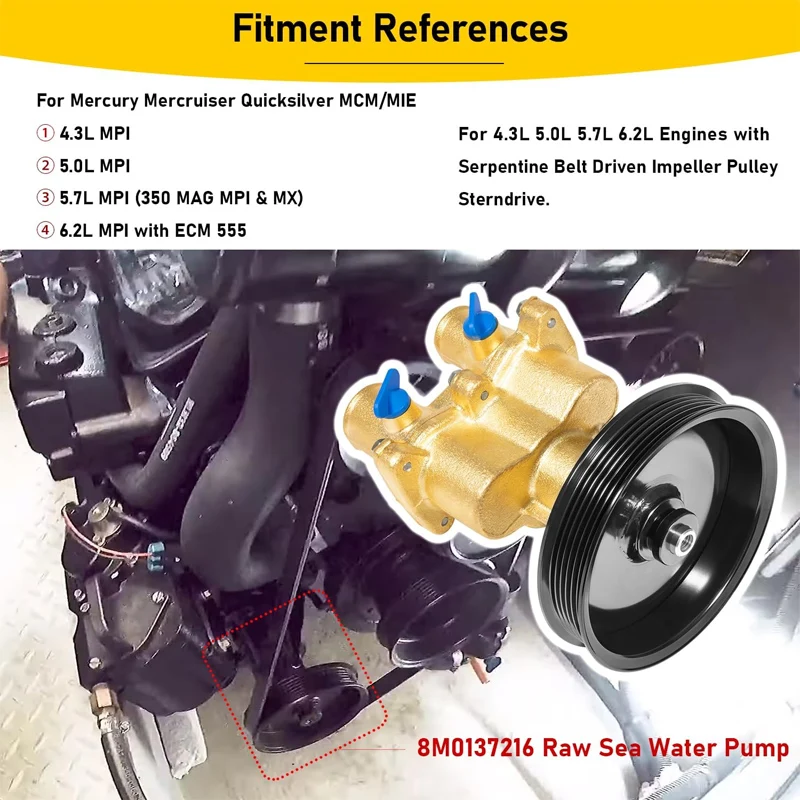 Brass Raw Sea Water Pump Kit For Mercury Mercruiser Quicksilver 4.3, 5.0, 5.7, 6.2 Replace# 8M0139995, 8M0137216, 46-862914T10