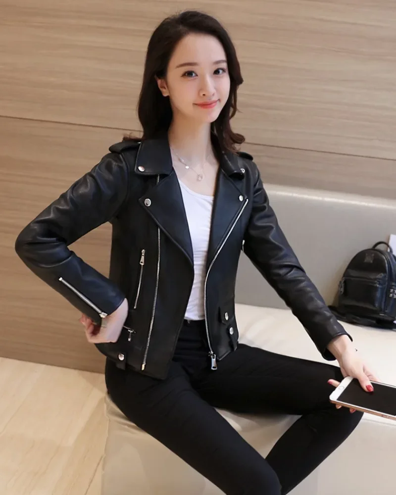 Blouson en cuir PU femme noir, chic, slim, couleur unie, fermeture éclair, manches longues, style moto, printemps automne