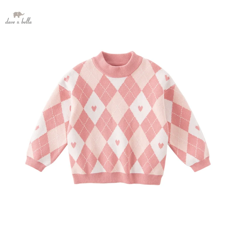 Dave Bella 2023 New Autumn Winter Girl's Baby Children Top Knitted Sweater Pullover Fashion Casual Pure Cotton Plaid DB4237580