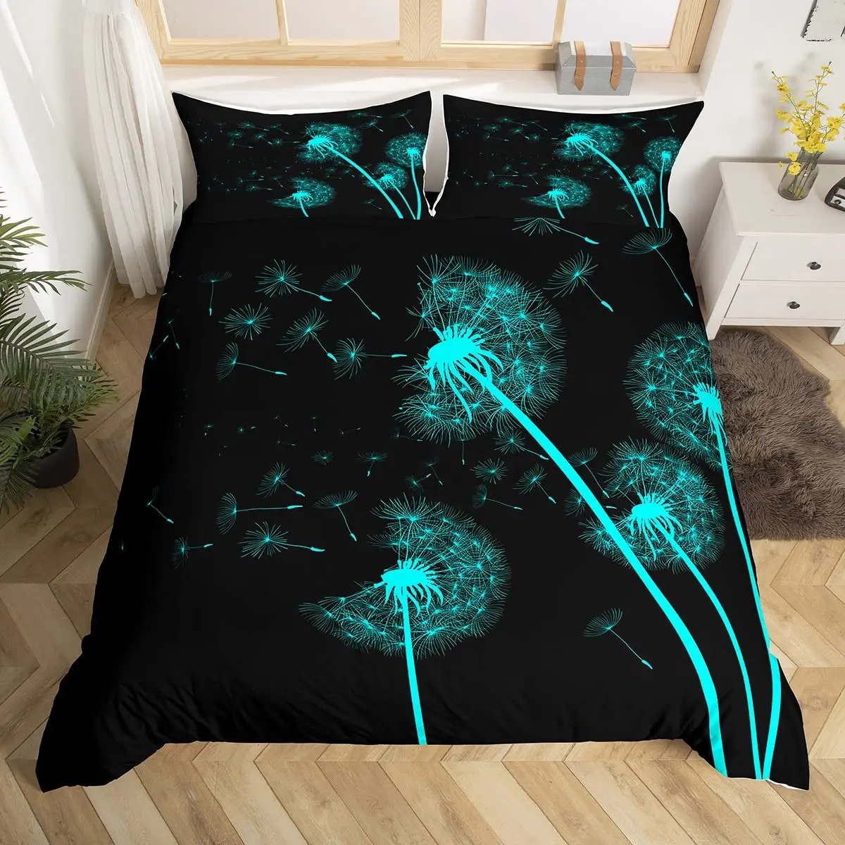 

Dandelion Duvet Cover Queen Green Blue Glowing Floral Plant Theme Bedding Set Natural Bohemian Style Microfiber Comforter Cover