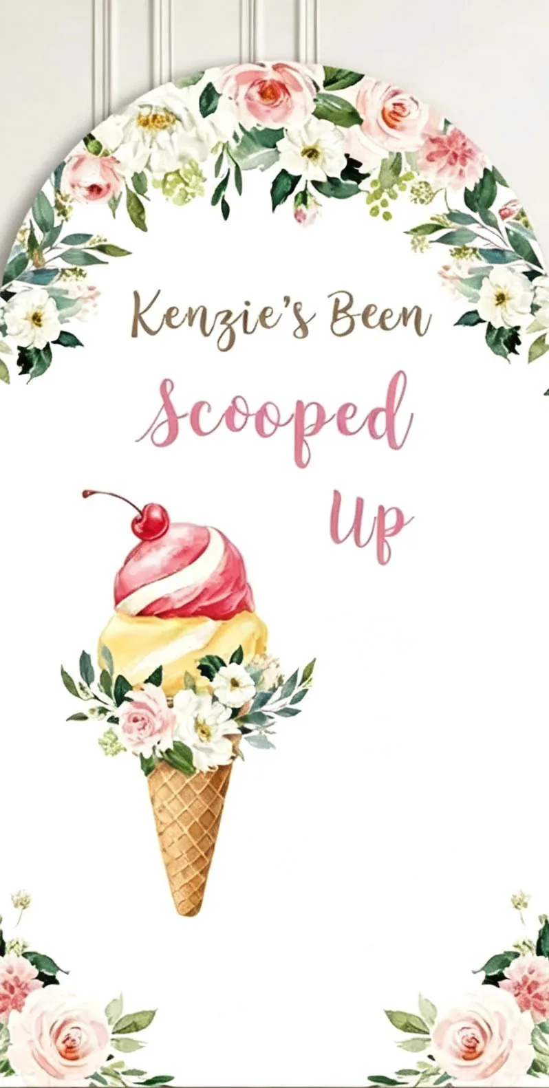 Custom Double-Sided She's Been Scooped Up Bridal Shower Arch Backdrop Cover Floral Wildflower Ice Cream Birthday Party Photo