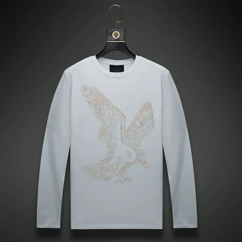 Plus Size Long Sleeve T Shirts Men Cartoon Eagle Rhinestones Fashion Streetwear O Neck Slim Modal Cotton Tshirts Mens Clothing