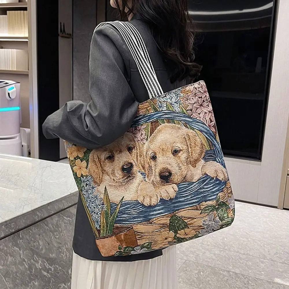 Dog Ethnic Style Handbag Trendy Large Capacity Embroidery Cute Cat Cloth Bag Canvas Storage Bag Animal Shoulder Bag Outdoor