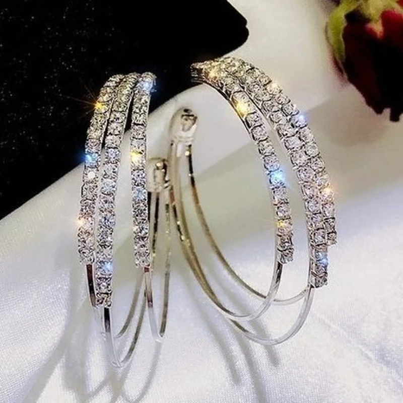 Big Hoop Earrings For Women Girls Elegant Circle Crystal Rhinestone Earrings Gold Silver Color Round Earings Party Jewelry Gift