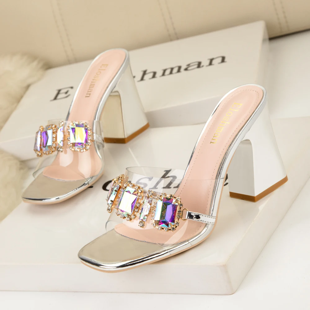 Sexy Party Slippers for Women Mules High Heels Fashion Metal Chain Design PVC Transparent Sandals Ladies Slide Shoes