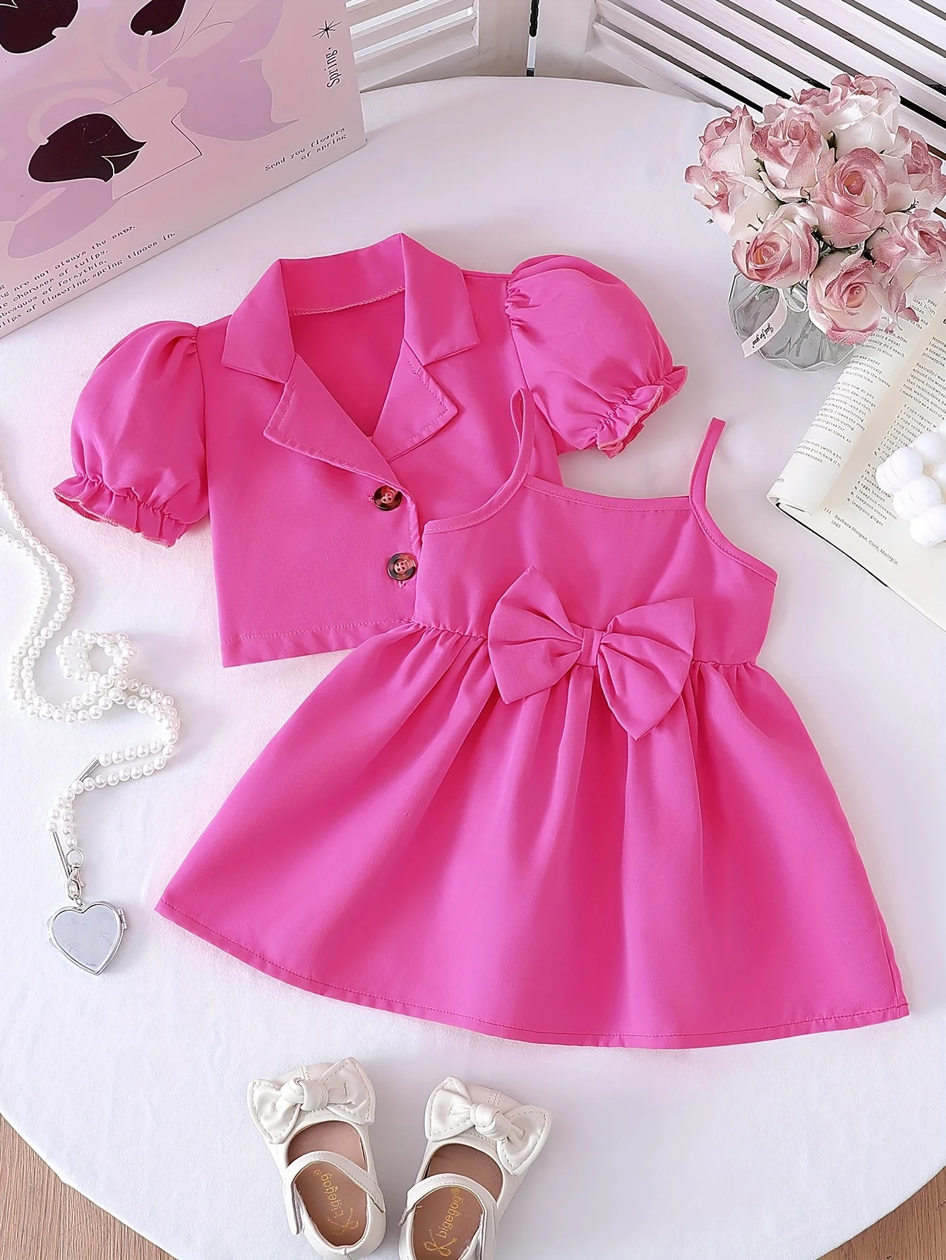 

Весенне-летний комплект из куртки-платья без воротника для маленьких девочек: милый наряд, идеально подходит для дней рождения и подарков на День святого Валентина