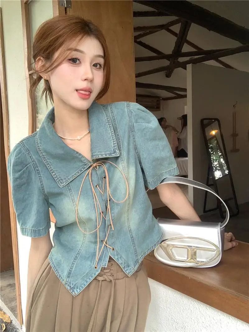

Niche Lace-Up Denim Short-Sleeved Shirt For Women In Summer New Slim-Fitting Slim Lapel Retro Top