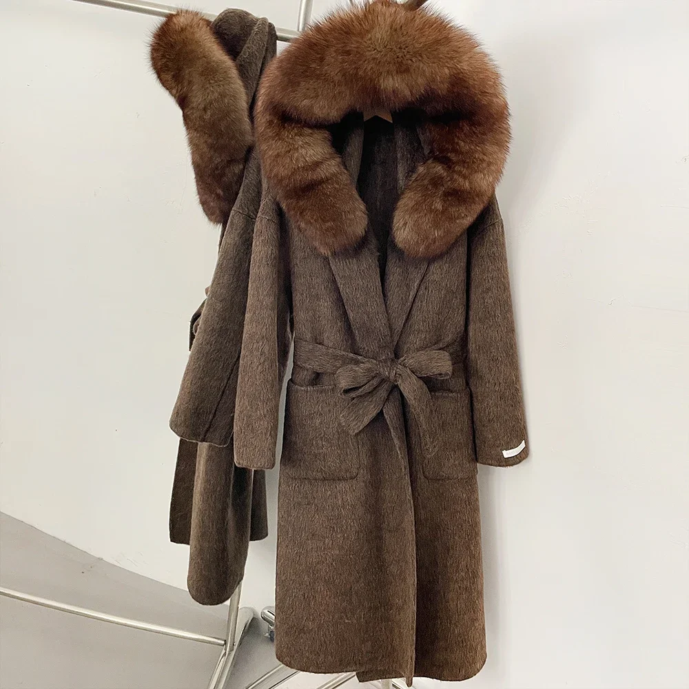 OFTBUY Luxuriöse Wolljacke mit Echtfellkragen und Kapuze, 100% Wollmantel für Damen, Neue Herbst-Winter-Lange Kleidung mit Natürlichem Fell – Detail 30