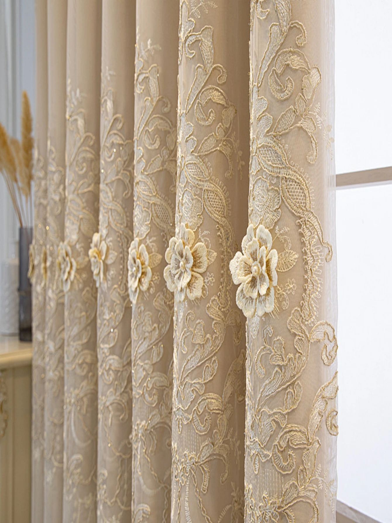 1PC beige Embroidered Blackout curtain UV protection double-layer insulationeasy hanging for living rooms bedrooms office