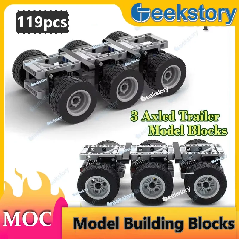 

MOC 119 шт., тройной ось, технология шасси автомобиля, набор строительных блоков, детали, сделай сам, 6-колесный 3-осевой прицеп, собранные игрушки, модель кирпича