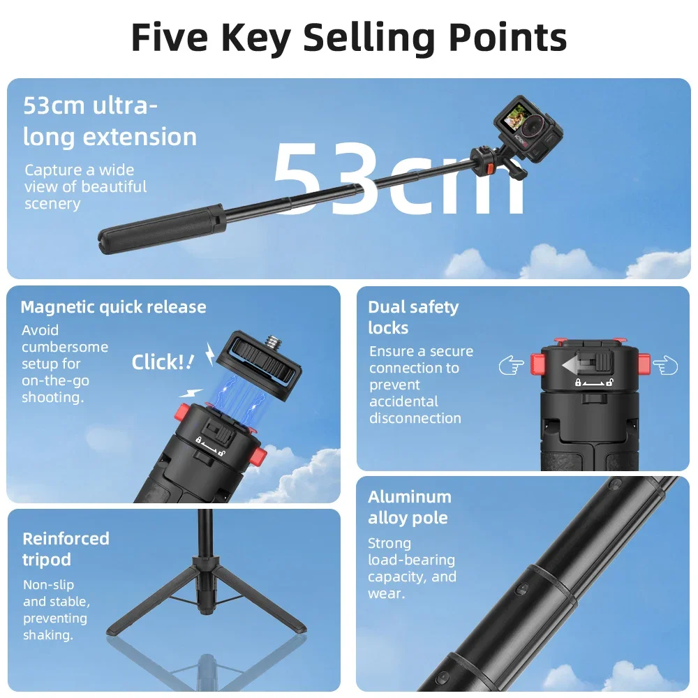 Flymile 53 cm ausziehbarer Selfie-Stick, flexibel, tragbar, für Gopro 13 12 11/ DJI Action 5 Pro/Insta360 X4 Stativschießen Live