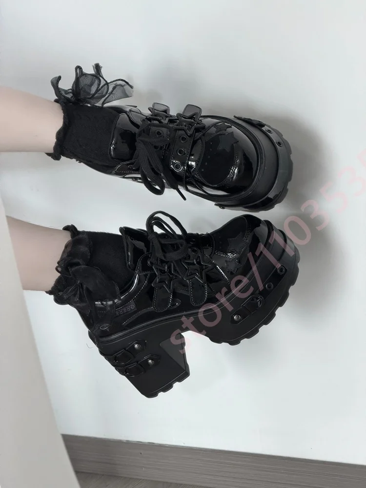 Women Gothic Star Platform Shoes Round Toe Patent Leather Chunky High Heel Buckle Strap Y2K Punk Street Lolita Party Footwear