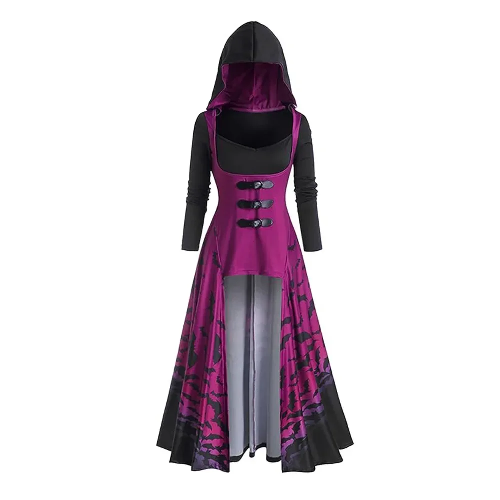 

Color Cosplayer Purple Halloween Dress Witch Cosplay Costume Hooded Dress Gothic Long Sleeve Bat Pattern Adult Carnival Clothing