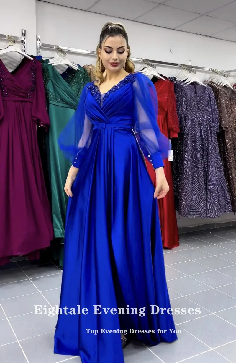 Eightale Royal Blue Evening Dress Satin V-Neck Long Sleeves A-Line Beaded Floor Length Prom Party Gowns robe de soirée femme