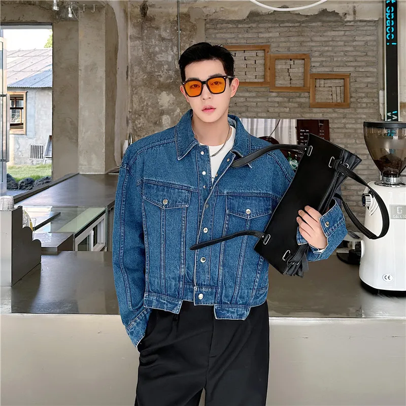 

SYUHGFA 2024 Autumn Men Irregular Design Short Style Denim Jacket Solid Color Male Lapel Korean Style Outwear Washed Denim Coat