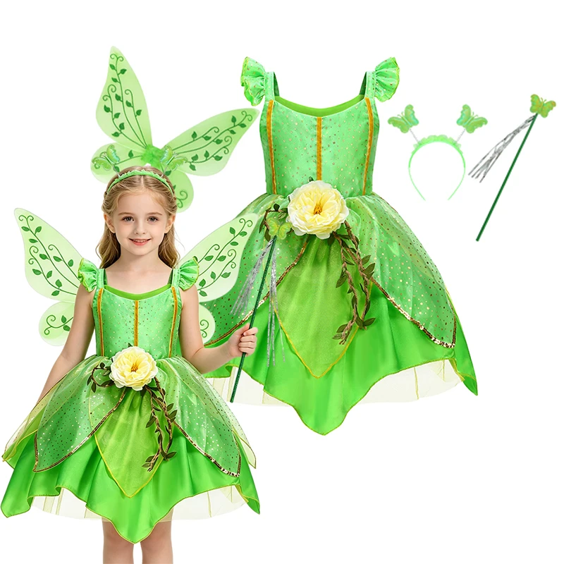 Little Girls Green Fairy‑Princess Cosplay Outfit Leaf‑Print Tulle Dress with Flower for Halloween Carnival Birthday Stage Party