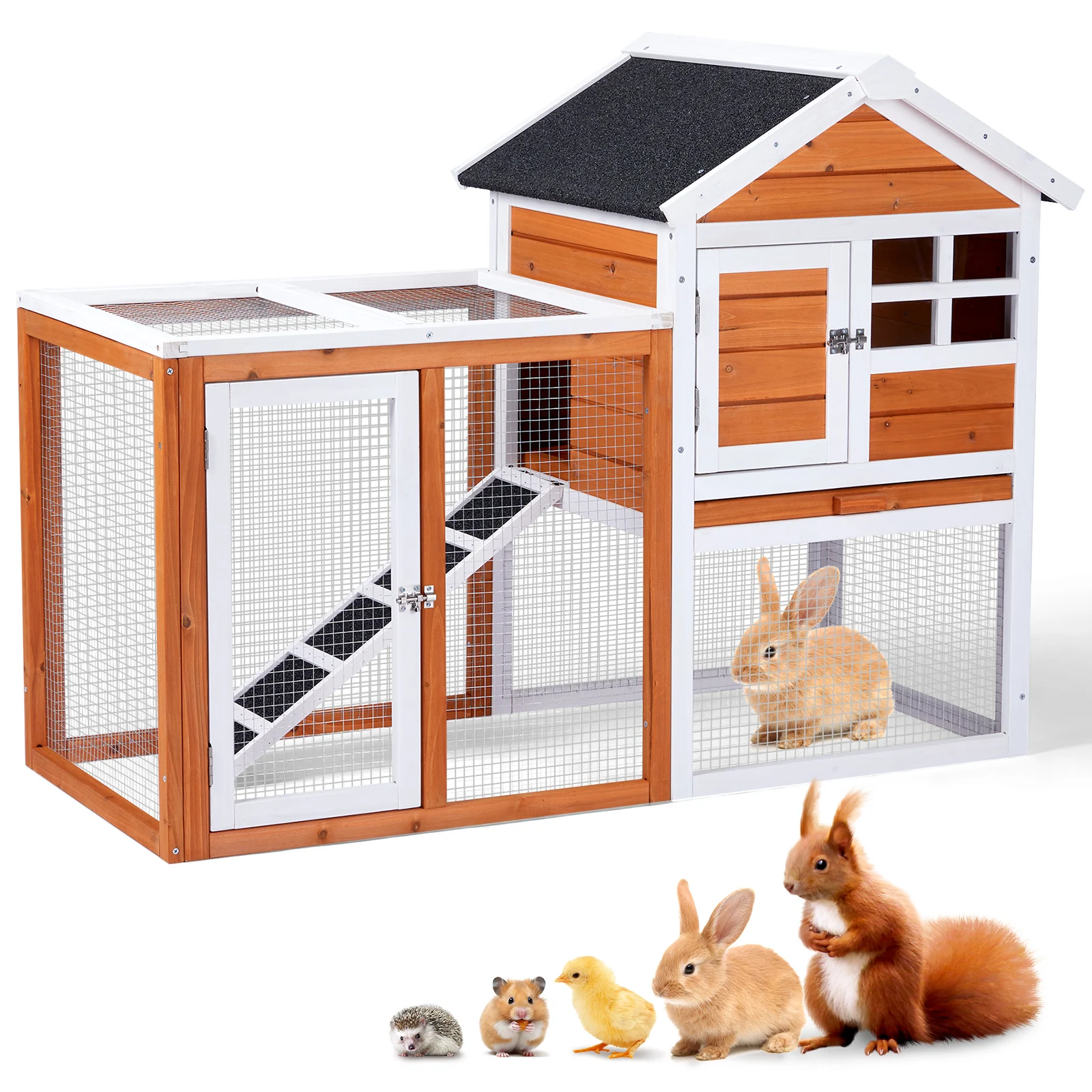 Wooden Rabbit Hutch Outdoor Chicken Coop Indoor Bunny Cage with Run, Guinea Pig House Pet House with Pull Out Upper Tray, Orange