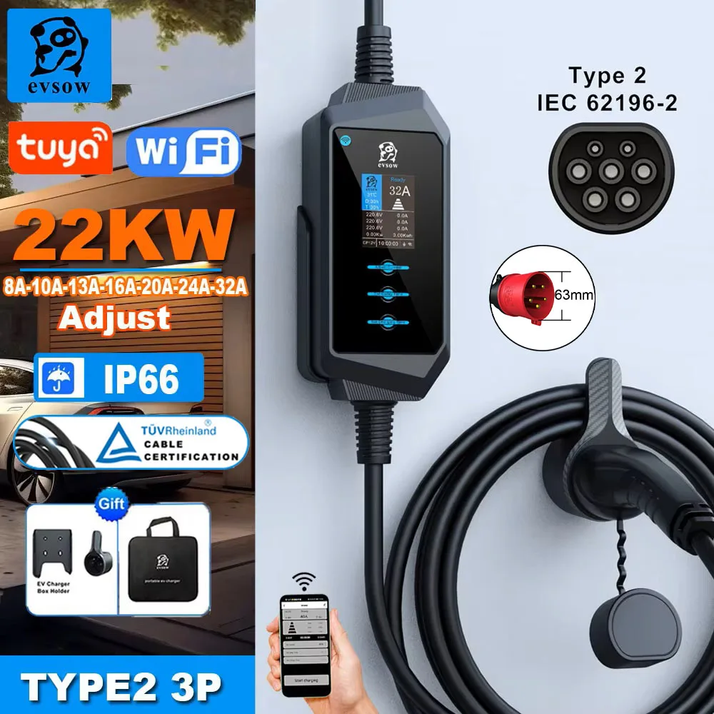 evsow Portable EV Charger Type2 32A 22KW Electric Car Charger With WIFI APP Control Adjustable Current&Setting Charging Time 5M