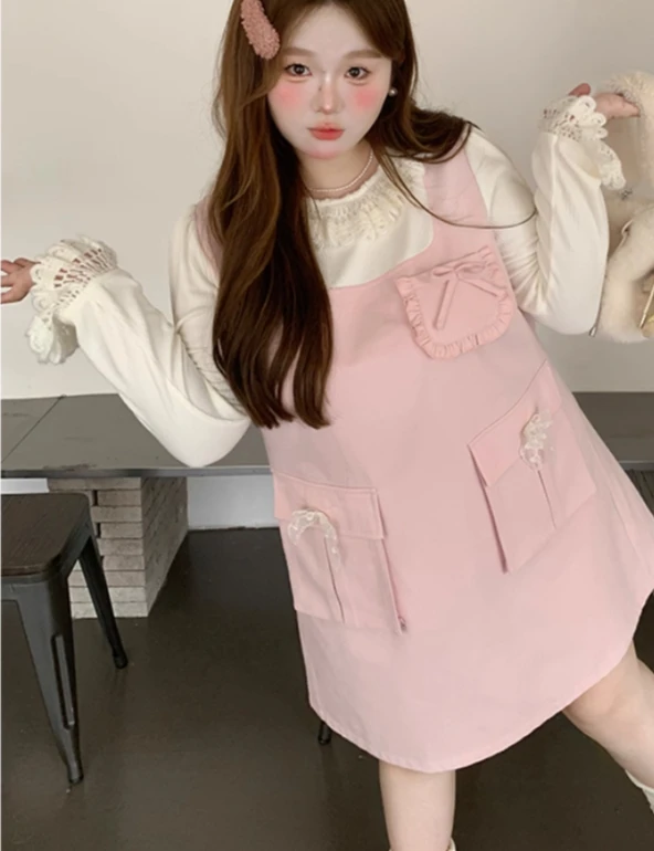 فساتين محبوكة جديدة للخريف باللون الوردي اللطيف مقاس كبير فستان نسائي عالي الخصر فضفاض على شكل حرف a متعدد الاستخدامات لتقليل العمر #4