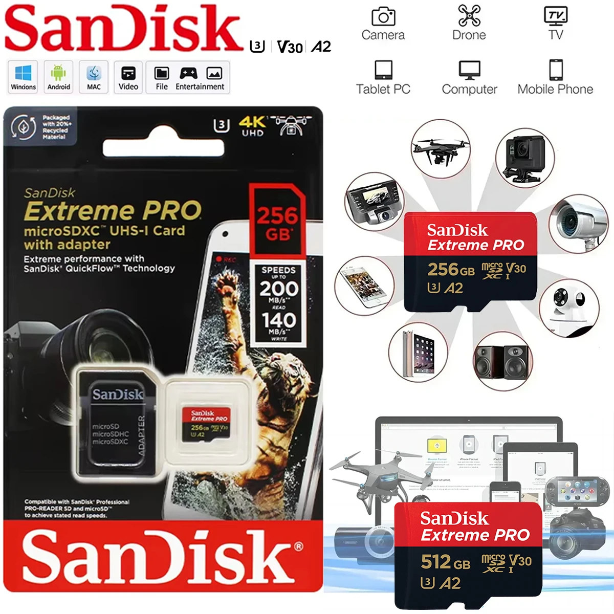 Cartão SD Sandisk Extreme Pro 64GB 128GB 256GB 512GB U3 4K V30 A2 Classe 10 para Telefone e Câmera