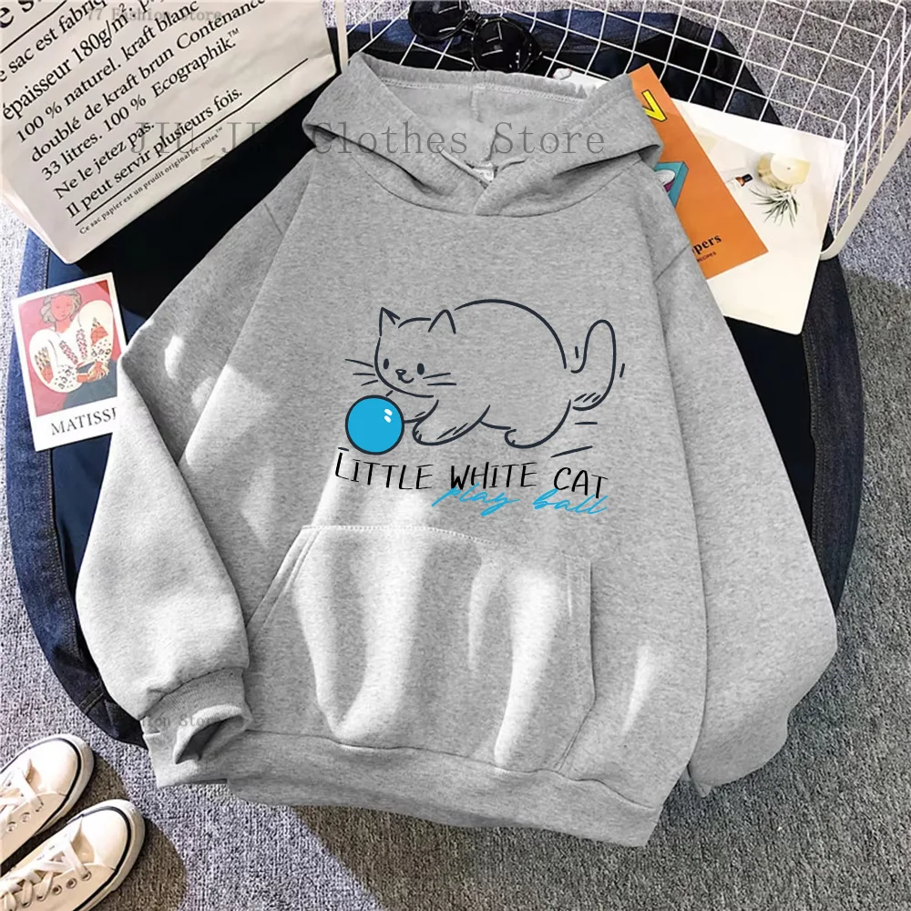 

Little White Cat Cartoon Print Men Women Hoody Warm Fleece Hoodies Casual Pullover Clothing Fleece Pocket Menswear Oversized Top