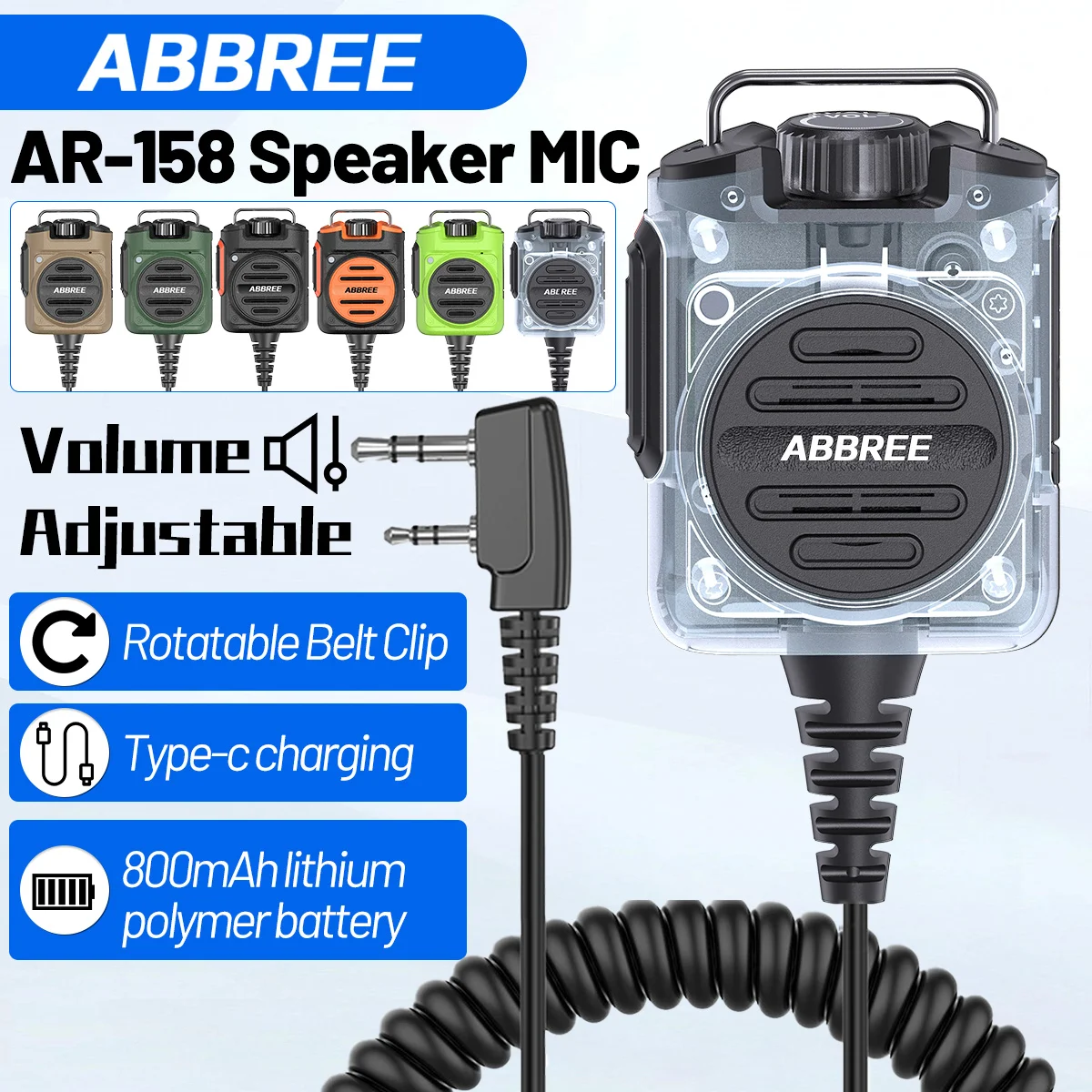 ABBREE AR-158 Volume Adjustable Speaker Mic Long Standby Clear Sound K-Type Microphone For Baofeng UV-5R UV-5RH 21 PRO Ham Radio