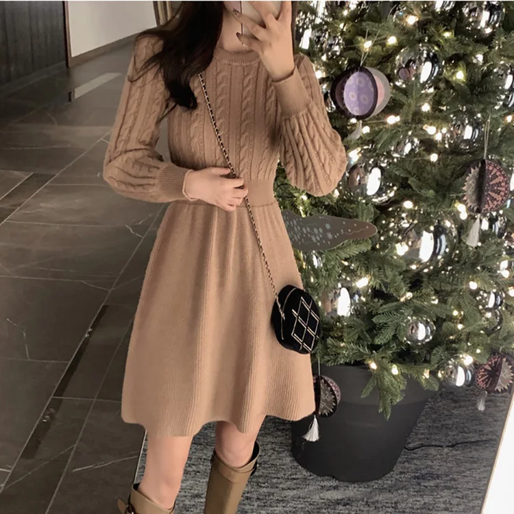 Slimming V-neck Knit Dress Women's Autumn/winter Overcoat Inner Sweater Skirt Over Knee Waist-fitted E1661