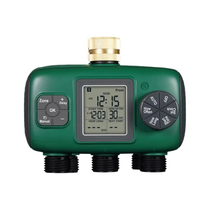 Three-way irrigation valve IP55 waterproof knob button control device with LCD screen, brass water inlet timer,