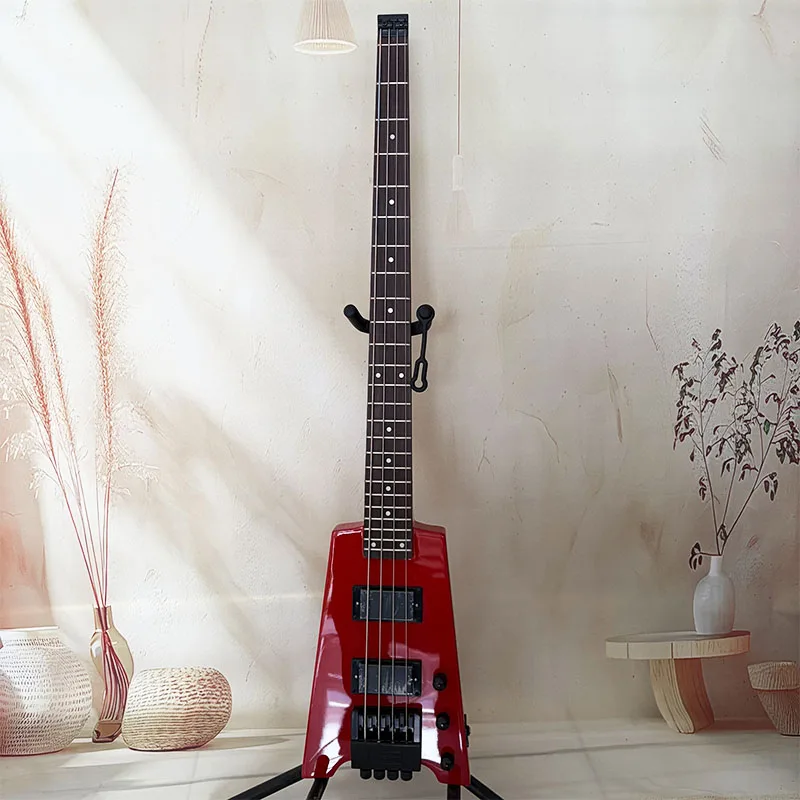 Local Warehouse 4-string Red Headless Bass with HH Pickups, Suitable for Rock, Beginners & Intermediate Players, for Stage Performances, Holiday Gift