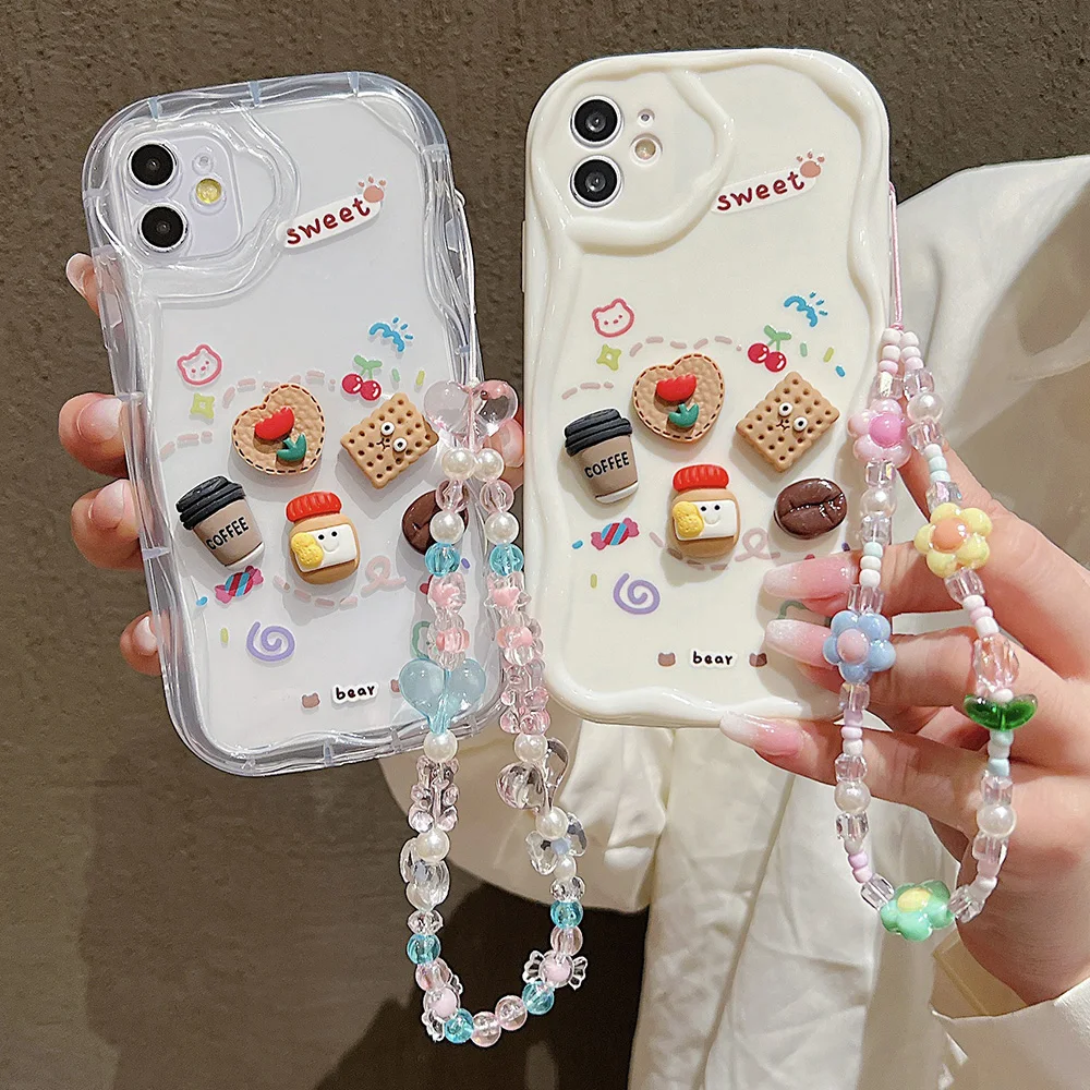 Korean Cute 3D Bear Coffee Phone Case For iPhone 14 Pro Case iPhone 13 11 16 12 15 Pro Max XR X XS 8 7 SE Hang Chain Soft Cover