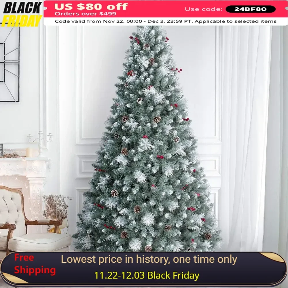 7.5ft Christmas Tree, Flocked Christmas Tree with 500 Warm Lights, Pinecones &Berries Hinged Artificial Trees Holiday Decor