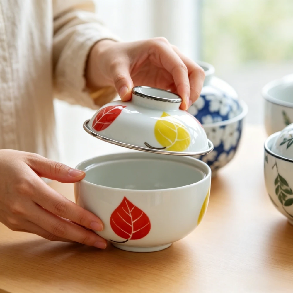 4-inch Ceramic Steaming Cup with Lid, Japanese Underglaze Small Stew Pot for Household Egg Custard, Bird's Nest and Soup Serving
